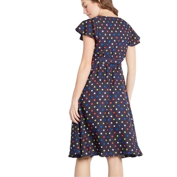 ModCloth Fits Of Bliss Tie Waist Dress Womens Size 1X Blue Polka Dot Faux Wrap - Picture 3 of 14